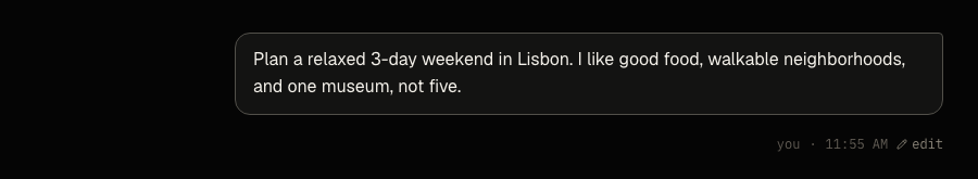A question typed into Singular: plan a relaxed 3-day weekend in Lisbon.